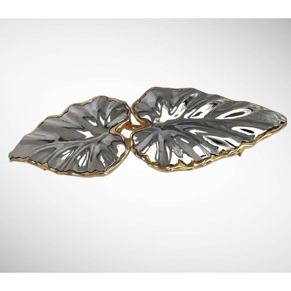 Vintage Doreen Ryan Double Leaf Belt Buckle Gold Silver Tone Signed Designer